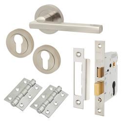Touchpoint Satin Nickel Euro Lock Door Handles on Rose Pack - Lexi Range