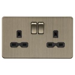 Knightsbridge 13A 2 Gang Screwless Flat Plate Double Pole Switched Socket - Antique Brass/Black