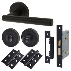 Touchpoint Matt Black Bathroom Lock Door Handles on Rose Pack - Ella Range