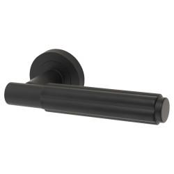 Jedo Matt Black Fire Rated Fluted Door Handles on Round Rose - Bloom Range
