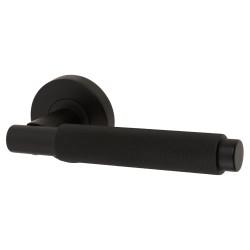 Jigtech Matt Black Knurled Door Handles on Round Rose - Textura Range