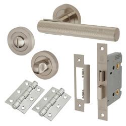 Altro Satin Nickel Knurled Bathroom Lock Door Handles on Rose Pack - Orla Range
