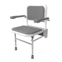 Fitzroy of London Padded Folding Wall Shower Seat, Legs, Back & Arms - 430-630 x 494mm - Wht/Grey