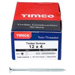 TIMCO Twin Threaded Pozi Countersunk Wood Screws - 12 x 4" - Zinc Plated - Pack of 100