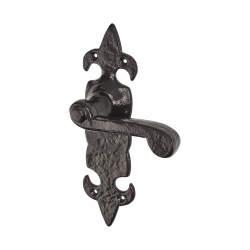 Olde Forge Metalized Antique Black Iron Latch Door Handles - Fleur de Lys - 210 x 55mm