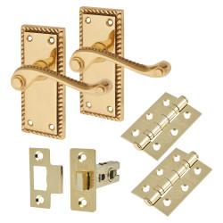 Touchpoint Polished Brass Georgian Rope Edge Scroll Latch Door Handles Pack - Short Plate