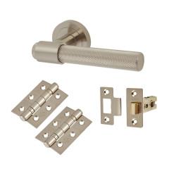 Altro Satin Nickel Knurled Latch Door Handles on Rose Pack - Esme Range