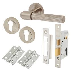 Altro Satin Nickel Lines Euro Lock Door Handles on Rose Pack - Eva Range