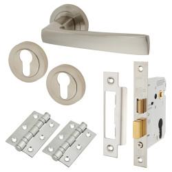 Altro Satin Nickel Euro Lock Door Handles on Rose Pack - Ivy Range
