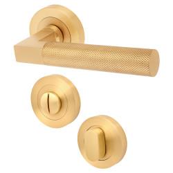 Hampstead Satin Solid Brass Knurled Door Handles on Rose with Turn & Release