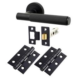 Hampstead Matt Black Knurled Latch Door Handles on Rose Pack