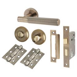 Altro Antique Brass Knurled Bathroom Lock Door Handles Pack - Remi Range