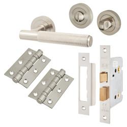 Altro Satin Nickel Knurled Bathroom Lock Door Handles Pack- Remi Range