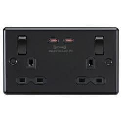 Knightsbridge 13A 2 Gang Round Edge Type A/C 65W Fastcharge USB Socket with 2 x USB - Matt Black