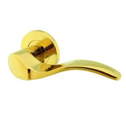 Hampstead PVD Brass Scroll Door Handles on Round Rose - Swept 2 Range