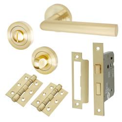 Altro Satin Brass Bathroom Lock Door Handles on Rose Pack - Emily Range