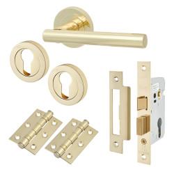 Touchpoint Polished Brass Euro Lock Door Handles on Rose Pack - Ella Range