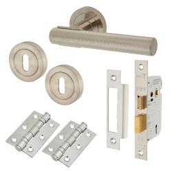 Altro Satin Nickel Knurled 3 Lever Sashlock Door Handles on Rose Pack - Orla Range