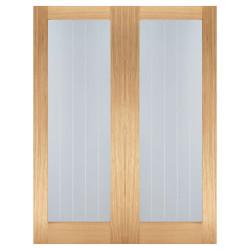 LPD Mexicano Pattern 10 Clear & Frosted Lines Unfinished Internal French Doors - 1981 x 1219mm - Oak