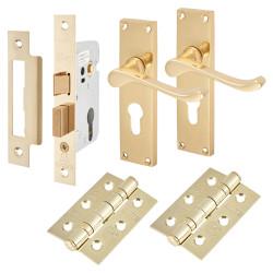 Touchpoint Polished Brass Victorian Scroll Euro Lock Door Handles Pack
