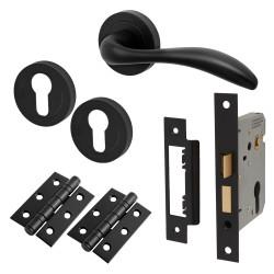 Altro Matt Black Euro Lock Door Handles on Rose Pack - Sussex Range