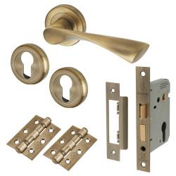 Altro Antique Brass Euro Door Handles on Rose Pack - Knightsbridge Range