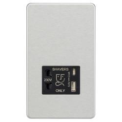 Knightsbridge 230V Shaver Socket with Type A/C USB Ports - 2.4A - Brushed Chrome with Black Insert