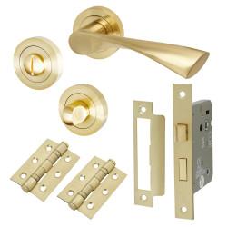 Altro Satin Brass Bathroom Lock Door Handles on Rose Pack - Knightsbridge Range