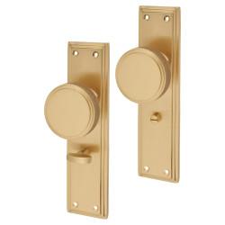 Hampstead Satin Brass Knurled Bathroom Mortice Door Knob on Backplate - 205 x 52mm - Miller Range
