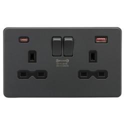 Knightsbridge 13A 2 Gang Type A/QC18W Type C/PD45W USB Socket with 2 x USB - Anthracite Grey/Black
