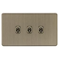 Knightsbridge 10AX 3 Gang 2 Way Screwless Flat Plate Toggle Light Switch - Antique Brass