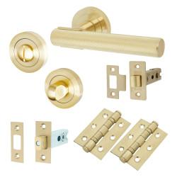 Altro Satin Brass Knurled Bathroom Deadbolt Lock Door Handles on Rose Pack - Orla Range