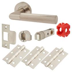 Jigtech Satin Nickel Knurled Latch Door Handles on Rose Pack - Passage - Tactil Range