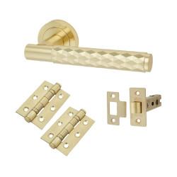 Altro Satin Brass Honeycomb Latch Door Handles on Rose Pack - Cara Range