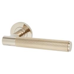 Alexander and Wilks Polished Nickel Reeded Door Handles on Round Rose - Spitfire Range