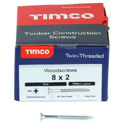TIMCO Twin Threaded Pozi Countersunk Wood Screws - 8 x 2" - Zinc Plated - Pack of 200