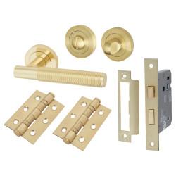 Altro Satin Brass Reeded Bathroom Lock Door Handles Pack - Lily Range