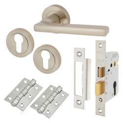 Touchpoint Satin Nickel Euro Lock Door Handles on Rose Pack - Sophia Range