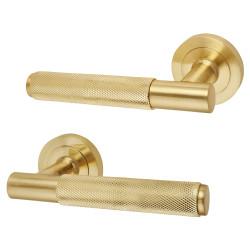Altro Satin Brass Knurled Door Handles on Round Rose - Remi Range