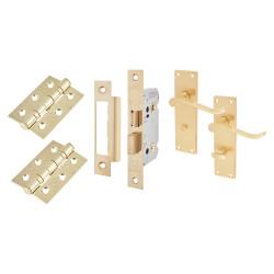 Touchpoint Satin Brass Budget Scroll Bathroom Lock Door Handles Pack