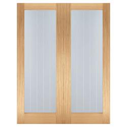 LPD Mexicano Pattern 10 Clear & Frosted Lines Unfinished Internal French Doors - 1981 x 1372mm - Oak