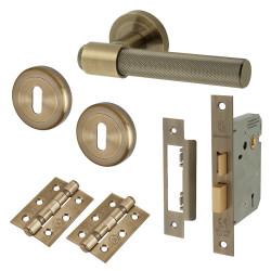Altro Antique Brass Knurled 3 Lever Sashlock Door Handles on Rose Pack - Esme Range