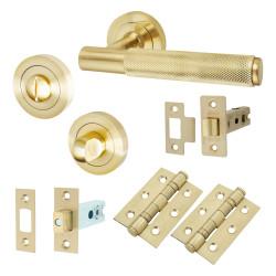 Altro Satin Brass Knurled Bathroom Deadbolt Lock Door Handles on Rose Pack - Remi Range