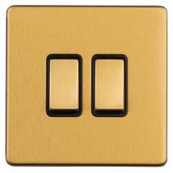 Eurolite Concealed 10A 2 Gang 2 Way Screwless Flat Plate Light Switch - Satin Brass/Black
