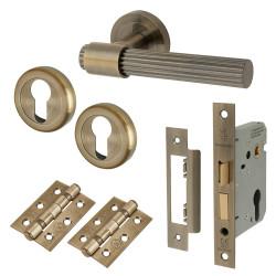 Altro Antique Brass Lines Euro Lock Door Handles on Rose Pack - Eva Range