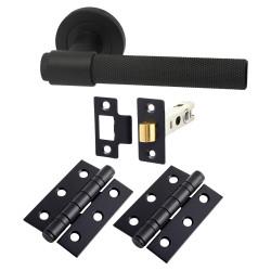 Altro Matt Black Knurled Latch Door Handles on Rose Pack - Esme Range