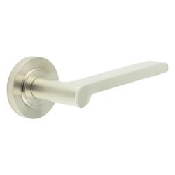 Burlington by Frelan Satin Nickel Fire Rated Door Handles on Round Rose - Fitzrovia Range