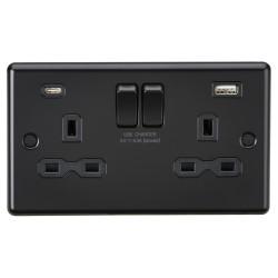 Knightsbridge 13A 2 Gang Round Edge Type A/C USB Socket with 2 x USB - 4A - Matt Black/Black