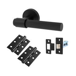 Altro Matt Black Lines Latch Door Handles on Rose Pack - Eva Range
