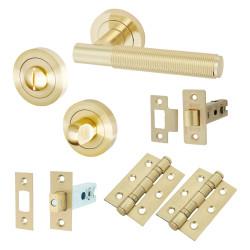 Altro Satin Brass Reeded Bathroom Deadbolt Lock Door Handles on Rose Pack - Lily Range